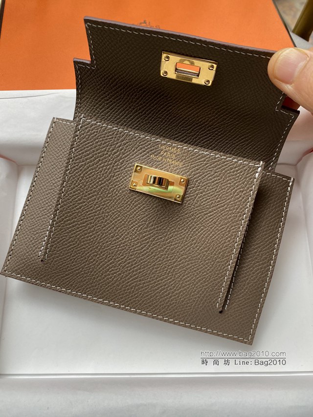 Hermes卡包 愛馬仕原版Kelly Pocket Epsom皮 Hermes新款小錢包 大象灰金扣  tdh2170